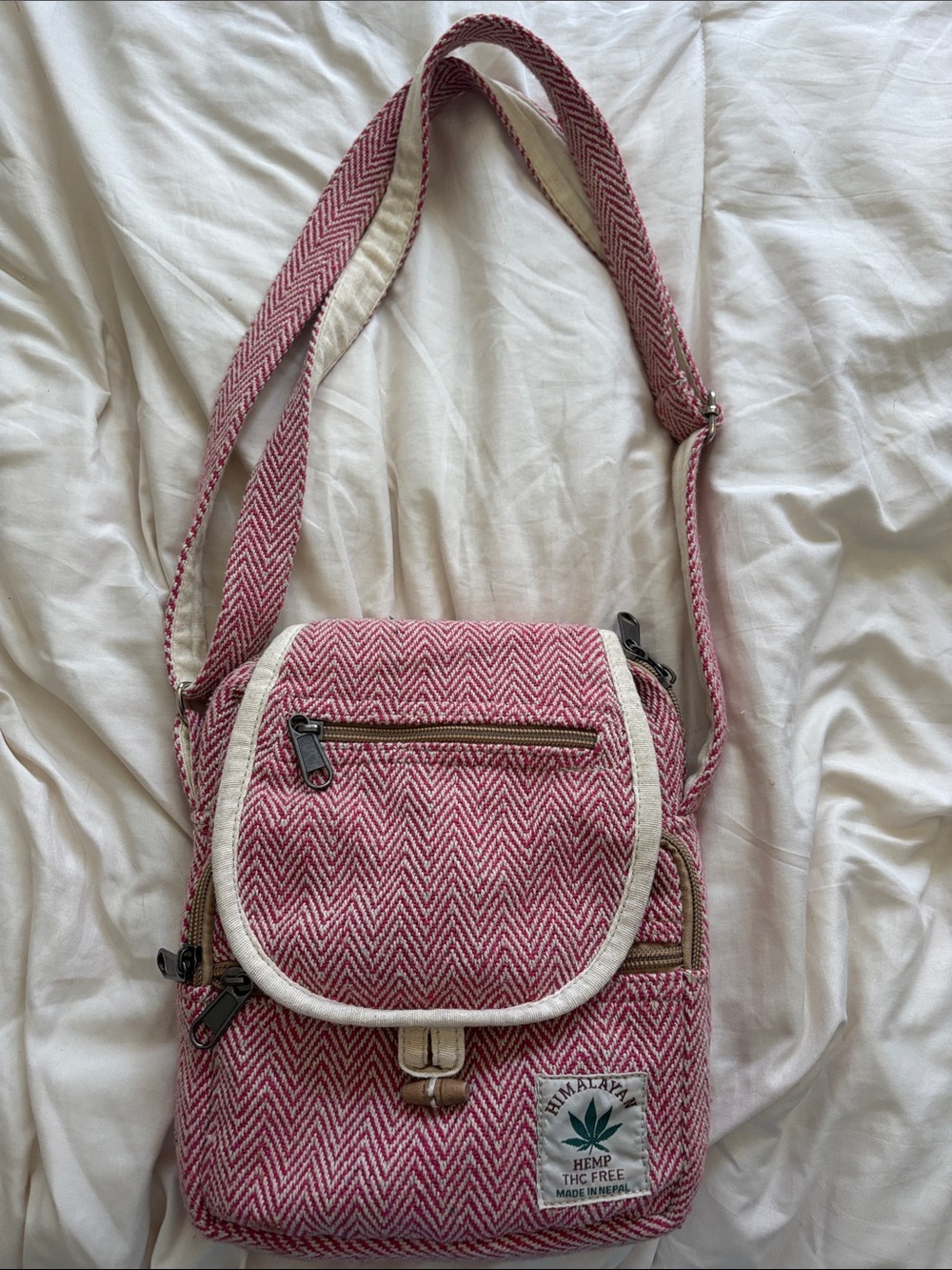 Striped Pink Hemp Crossbody Bag with Front Zip Pocket